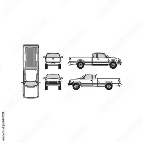 pickup truck outline, year 1996, isolated white background, front, back, top and side view, part 4