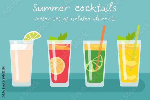 Vector set of summer cooling cocktails in flat style. All elements are isolated.