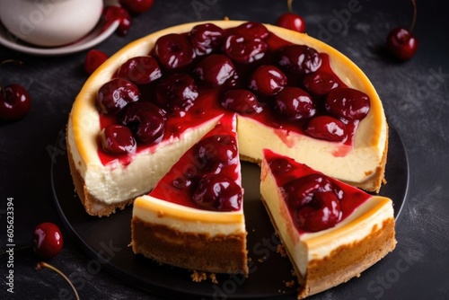 cheesecake with slice cut out and cherry filling in the center, created with generative ai