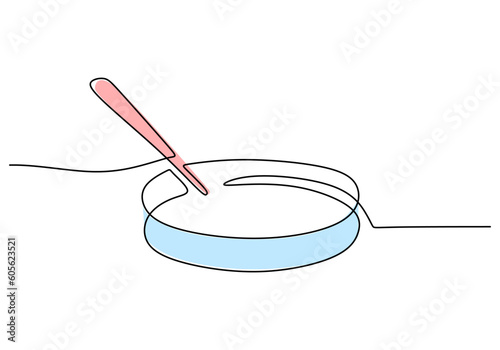 Petri dish - Laboratory equipment and tools object, one line drawing continuous design, vector illustration for science and education.