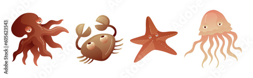 Ocean Underwater Animals with Octopus, Crab, Starfish and Jellyfish Vector Set
