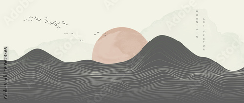 Mountain in oriental style background vector. Chinese landscape with wavy lines, birds, hills, sun, watercolor texture. Minimal art wallpaper design for print, wall art, cover and interior.