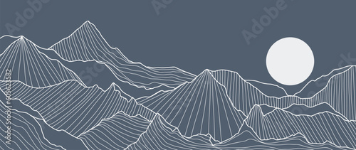 Mountain line art wallpaper. Contour drawing luxury scenic landscape, hills, moon. Panorama view of mountain design illustration for cover, invitation background, packaging design, banner and print.