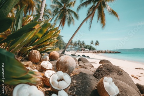 A tropical scene with coconut, flowers, and palm trees at the beach. Generative AI