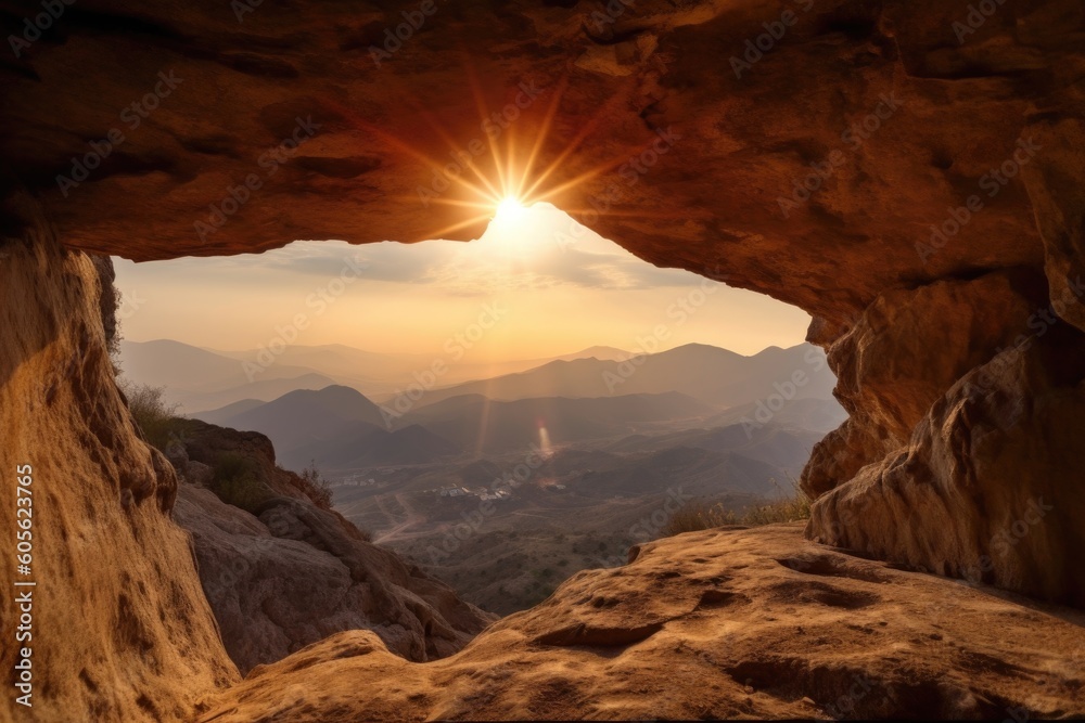 cave entrance, with view of the sun setting over the horizon, through a mountain range, created with generative ai