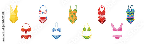 Stylish Swimsuit as Clothing for Sun Bathing and Water Sport Activity Vector Set