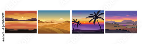 Sunset or Sunrise Horizontal Landscape View Vector Set