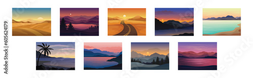 Sunset or Sunrise Horizontal Landscape View Vector Set