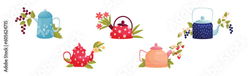 Teapot with Lid and Spout with Blooming Flowers Peeped Out Vector Set