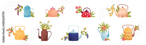 Teapot with Lid and Spout with Blooming Flowers Peeped Out Vector Set