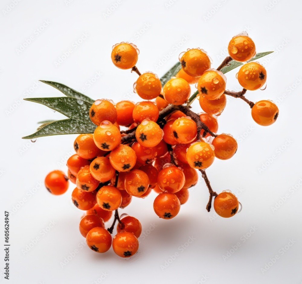 sprig of sea buckthorn on a white background. fresh berries. Generative AI
