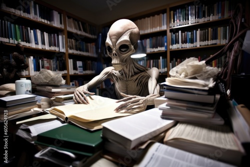 alien student, surrounded by books and papers, studying in the library, created with generative ai