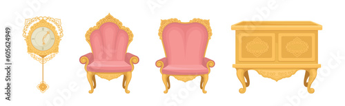 Vintage Furniture and Interior with Wall Clock, Armchair and Cabinet or Chest of Drawers Vector Set