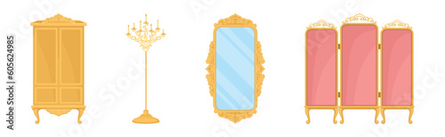 Vintage Furniture and Interior Design with Wardrobe, Candlestick Stand, Mirror and Folding Screen Vector Set