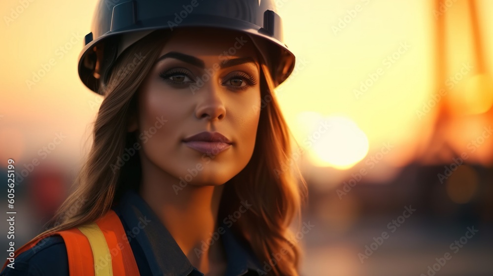 Portrait of a beautiful young woman in a construction helmet on a sunset background.Generative Ai