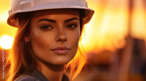 Portrait of a beautiful young woman in a construction helmet on a sunset background.Generative Ai © Rudsaphon