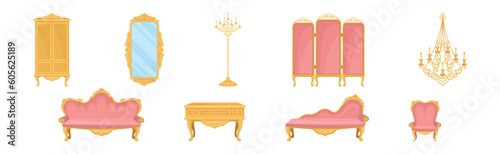 Vintage Furniture and Interior Design with Chandelier, Chair, Sofa, Wardrobe, Candlestick and Mirror Vector Set