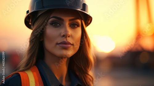 Portrait of a beautiful young woman in a construction helmet on a sunset background.Generative Ai © Rudsaphon