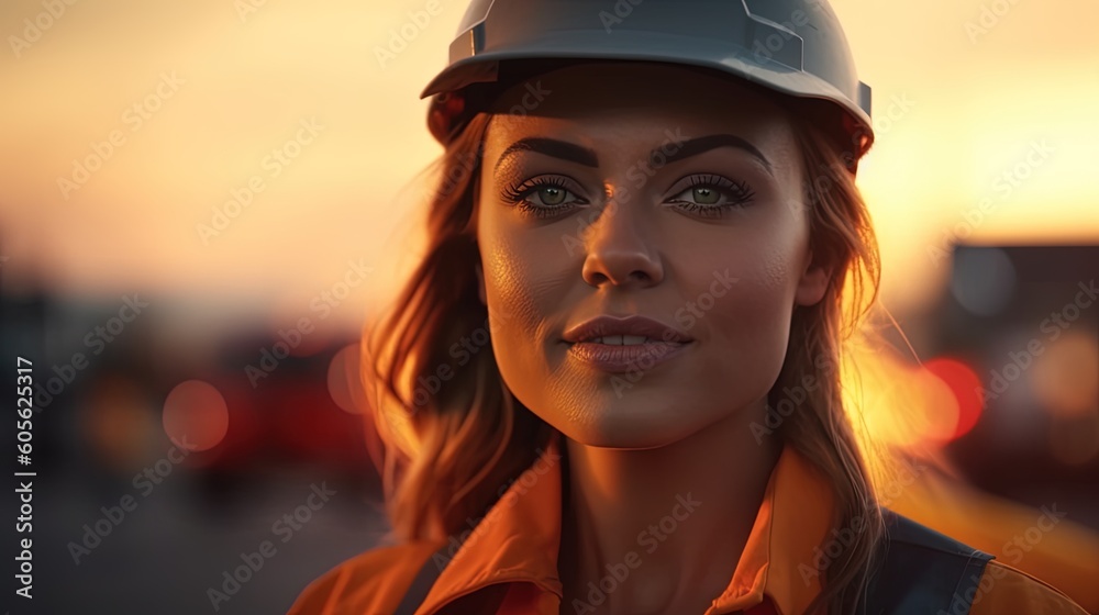 Portrait of a beautiful young woman in a construction helmet on a sunset background.Generative Ai Portrait of a beautiful young woman in a construction helmet on a sunset background.Generative Ai
