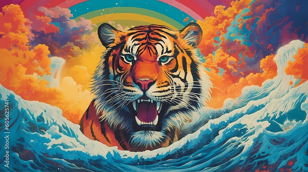 Colorful tiger illustration. Generative AI