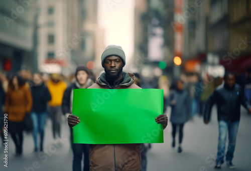 Man of African American descent holding up a sign at a rally or demonstration. The sign is blank green screen. Shallow field of view, illustrative Generative AI. not a real person.