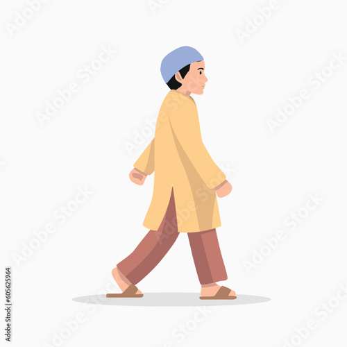 happy Muslim boy walking flat vector isolated on white background