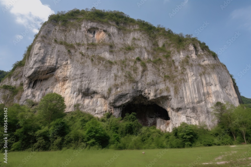 mountain with massive cave-in, exposing the rock and mineral formations within, created with generative ai