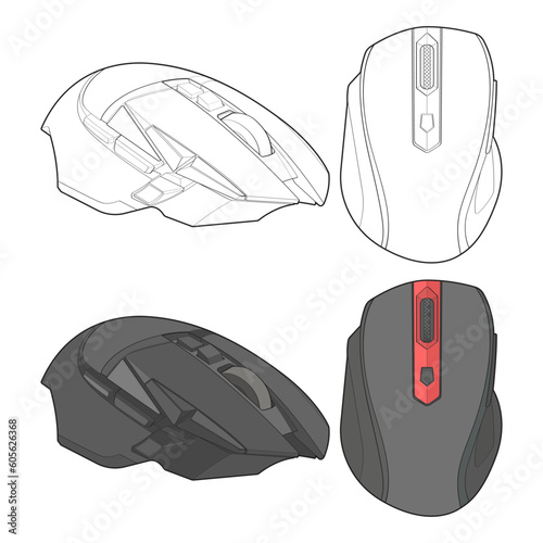 Set of coloring computer mouse outline drawing vector, Computer Mouse in a sketch style, Computer Mouse training template outline, vector Illustration.