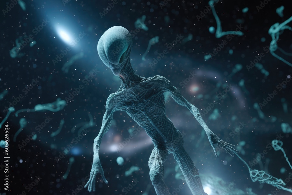 alien life form, floating in zero gravity environment, with stars and planets visible in the background, created with generative ai alien life form, floating in zero gravity environment, with stars and planets visible in the background, created with generative ai