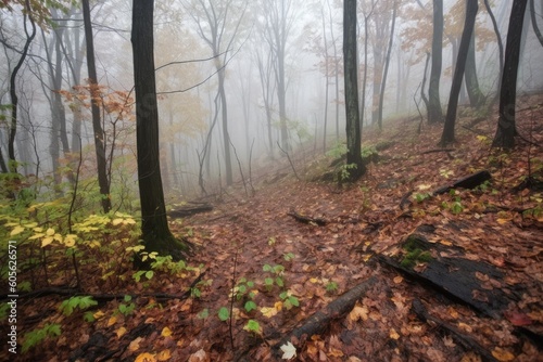 autumn forest hike with raindrops on leaves and mist in the air, created with generative ai