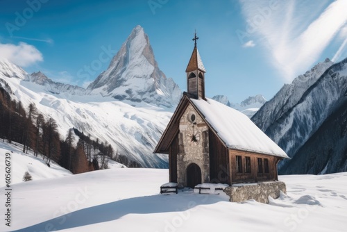 snow-covered chapel surrounded by towering peaks and untouched snow in winter, created with generative ai © Natalia