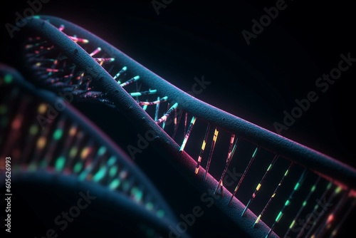 DNA strand on black background. Science and digital interface. DNA structure illustration. High quality. Generative AI
