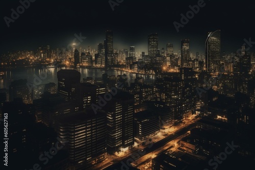 Illustration depicts city at night with black and gold colors. Generative AI