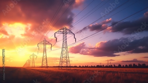 high voltage power line at sunset. Generative AI 