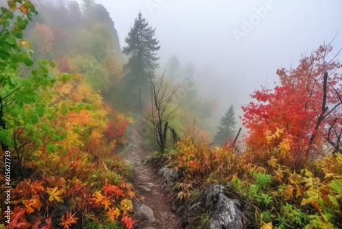 autumn forest hike with view of colorful leaves and misty morning fog  created with generative ai