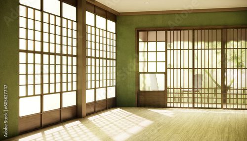 Green hallway Clean japanese minimalist room interior.