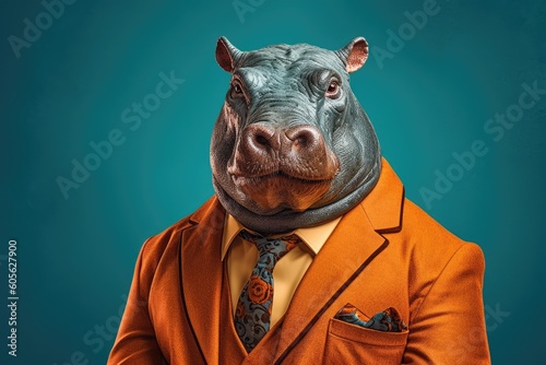 Illustration of a serious and elegant hippopotamus wearing a jacket in front of a smooth and uniform colored background, with shades of orange and green. Generative AI