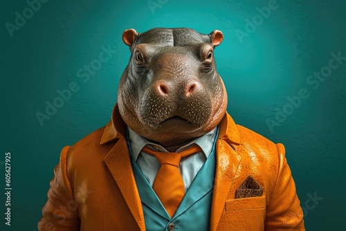Illustration of a serious and elegant hippopotamus wearing a jacket in front of a smooth and uniform colored background, with shades of orange and green. Generative AI © Gelpi