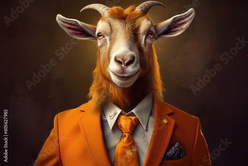An anthropomorphized goat dressed as a businessman in golden tones, with orange and beige colors. Generative AI