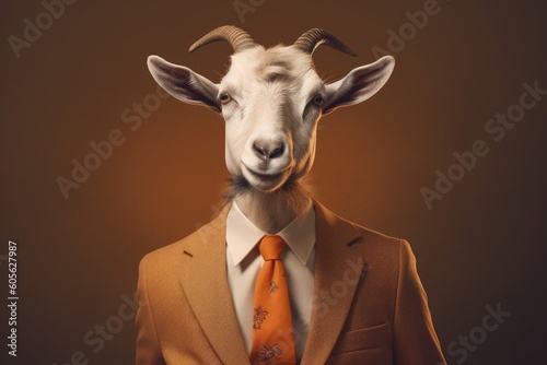 An anthropomorphized goat dressed as a businessman in golden tones, with orange and beige colors. Generative AI © Gelpi
