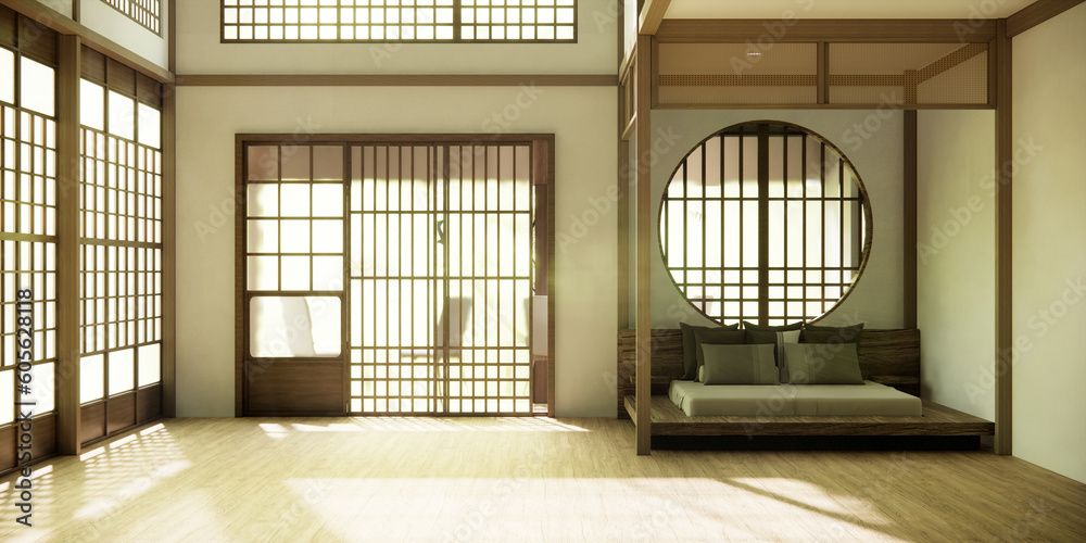 Japan style empty room decorated with wooden bed, white wall and wooden wall. Japan style empty room decorated with wooden bed, white wall and wooden wall.