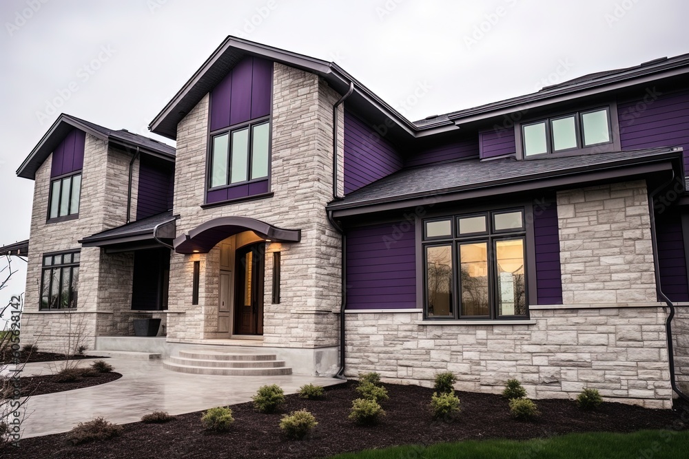 Modern aesthetic double garage house with natural stone embellishments and eye-catching purple siding, generative AI