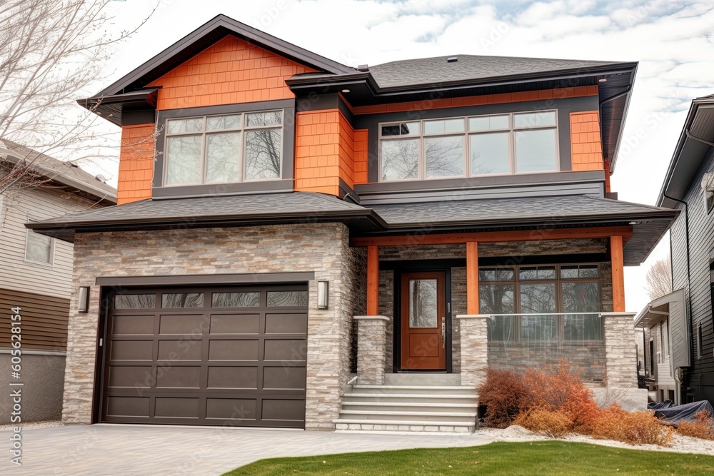 Modern Design Aesthetic: Newly Built House with Double Garage, Natural Stone Embellishments, and Vibrant Orange Siding, generative AI