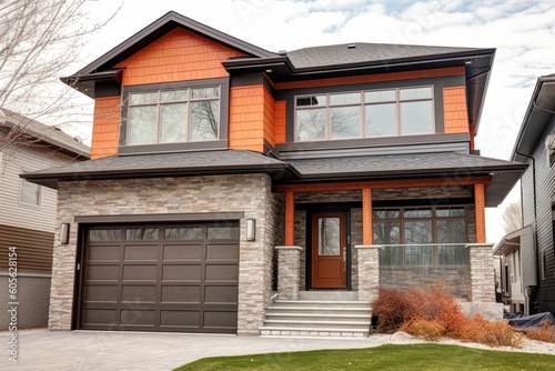 Modern Design Aesthetic: Newly Built House with Double Garage, Natural Stone Embellishments, and Vibrant Orange Siding, generative AI