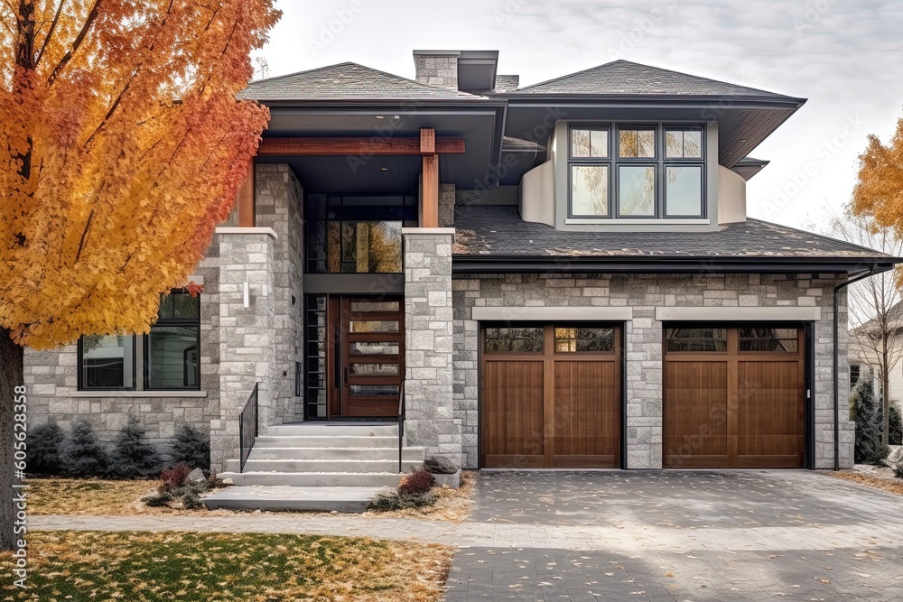 Double Garage and Natural Stone Embellishments Accentuate Avant-garde Styling of Light Gray Siding Residence, generative AI Double Garage and Natural Stone Embellishments Accentuate Avant-garde Styling of Light Gray Siding Residence, generative AI