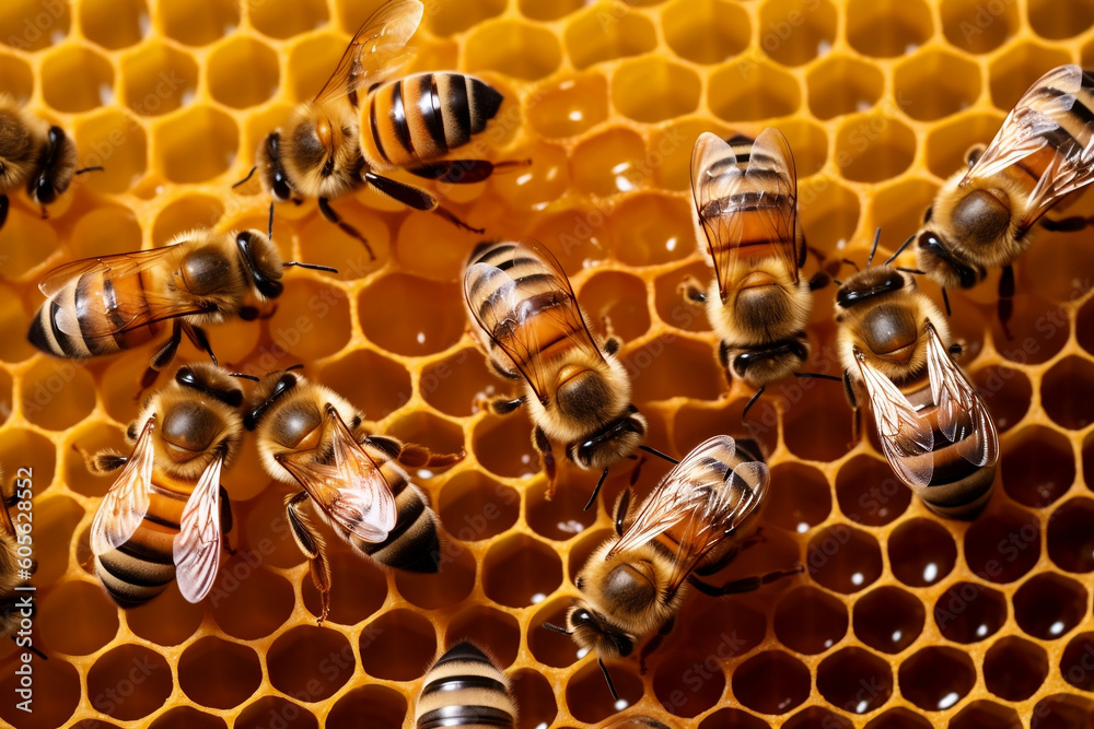 Bees on honeycombs with honey slices nectar into cells, created with Generative AI Technology