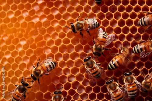 Bees on honeycombs with honey slices nectar into cells, created with Generative AI Technology