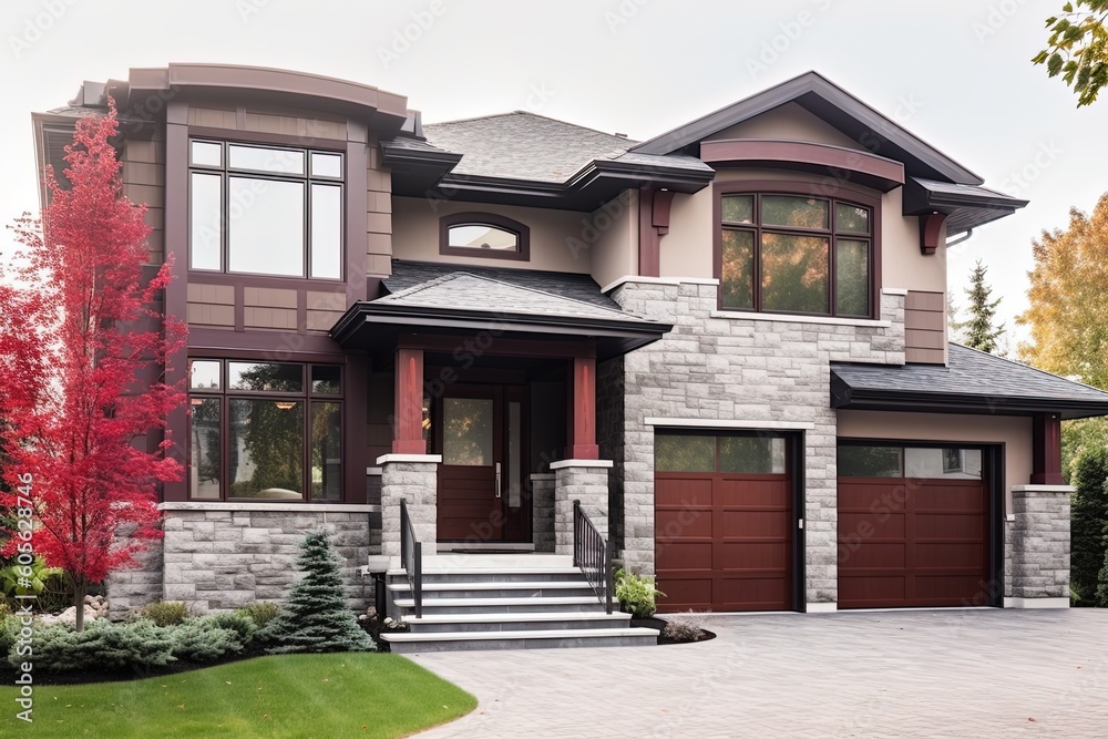 Avant-Garde Style Enhances Recently Constructed Residence with Double Garage, Natural Stone Embellishments and Burgundy Siding, generative AI