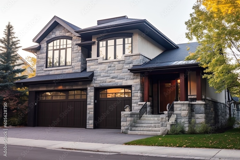 Avant-Garde Styling and Natural Stone Embellishments Elevate Newly Constructed Residence with Double Garage and Dark Green Siding, generative AI