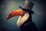 A toucan with a stylish hat, in the style of old cinematic look, anthropomorphized animal, dark and elegant background. Generative AI